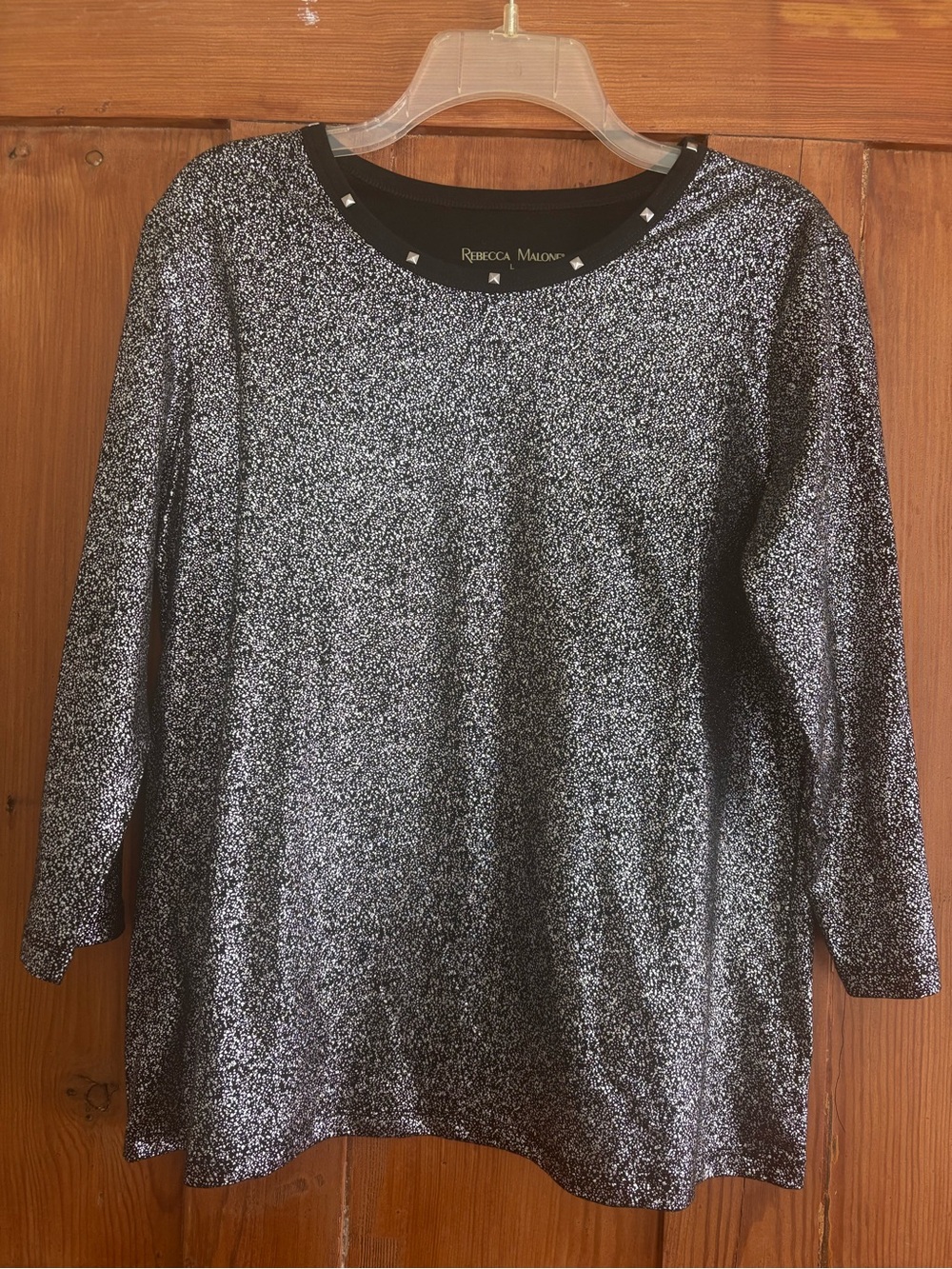 NWT Rebecca Malone Black and Silver Metallic Sparkle Studded Tee Top Large L